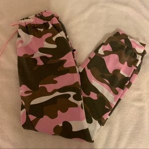 Pink, green, and white camo joggers